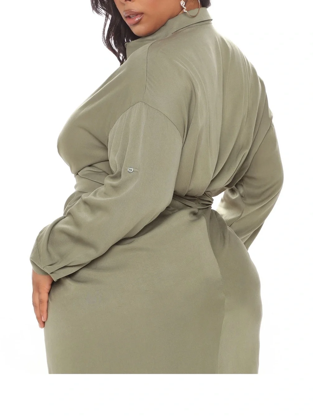 Fashion Nova Olive Green Midi Shirt Dress with Tie Waist